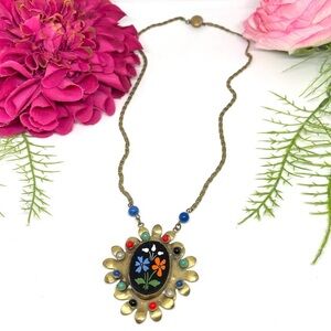 VINTAGE⚜️ANTIQUE Porcelain & Spun Glass Brass Floral Necklace